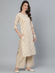 Women Beige Printed Straight Kurta With Plazo & Dupatta