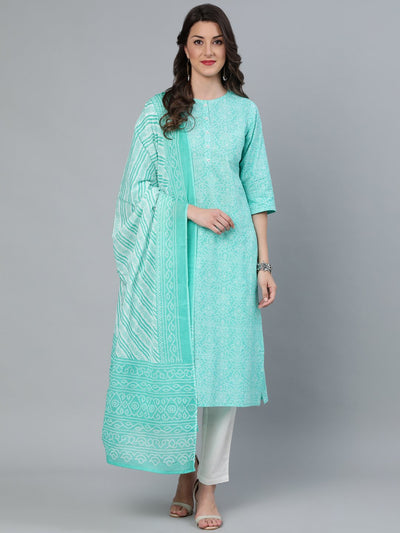 Women Green Printed Straight Kurta Wiith Plazo & Dupatta