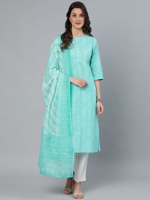 Women Green Printed Straight Kurta Wiith Plazo & Dupatta