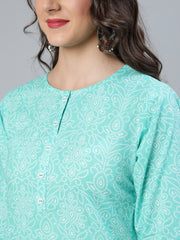 Women Green Printed Straight Kurta Wiith Plazo & Dupatta