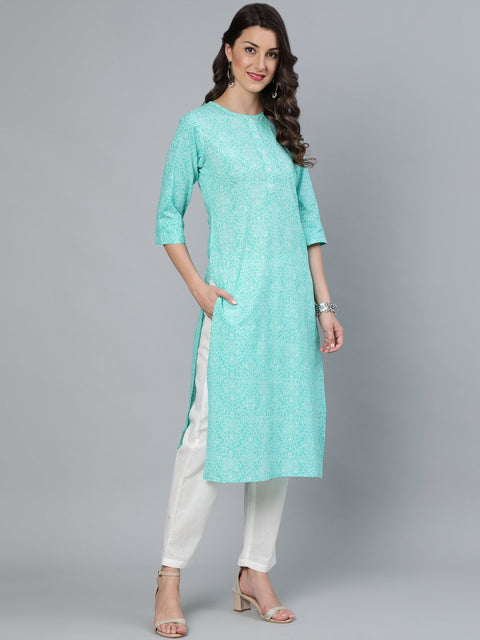Women Green Printed Straight Kurta Wiith Plazo & Dupatta