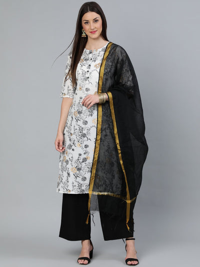 Women Off-White & Black Printed Straight Kurta With Plazzo  & Dupatta