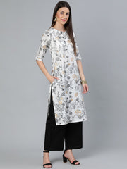 Women Off-White & Black Printed Straight Kurta With Plazzo  & Dupatta