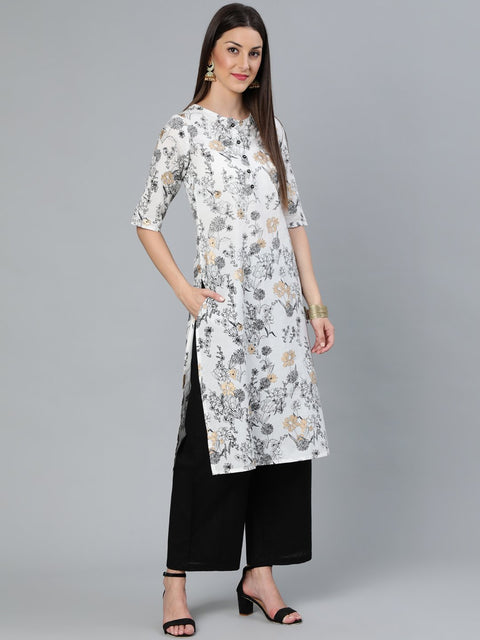Women Off-White & Black Printed Straight Kurta With Plazzo  & Dupatta