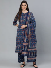 Women Indigo Blue Printed Straight Kurta Wiith Plazo & Dupatta