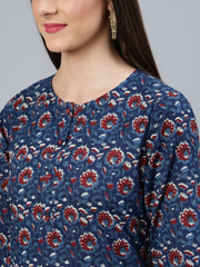 Women Indigo Blue Printed Straight Kurta Wiith Plazo & Dupatta