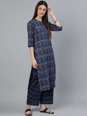 Women Indigo Blue Printed Straight Kurta Wiith Plazo & Dupatta