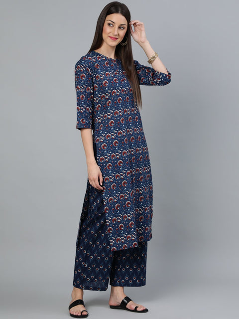 Women Indigo Blue Printed Straight Kurta Wiith Plazo & Dupatta