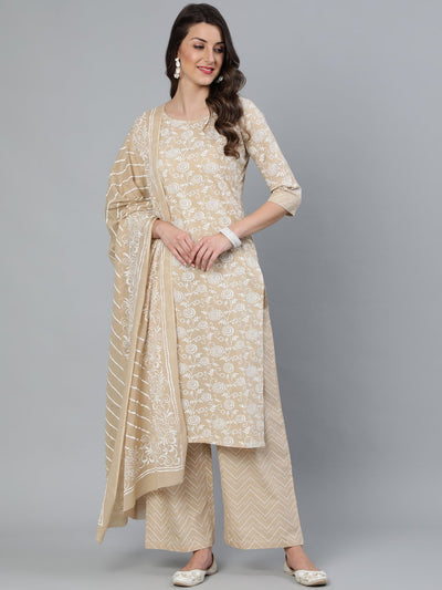 Women Beige Floral Printed Straight Kurta With Plazo & Dupatta
