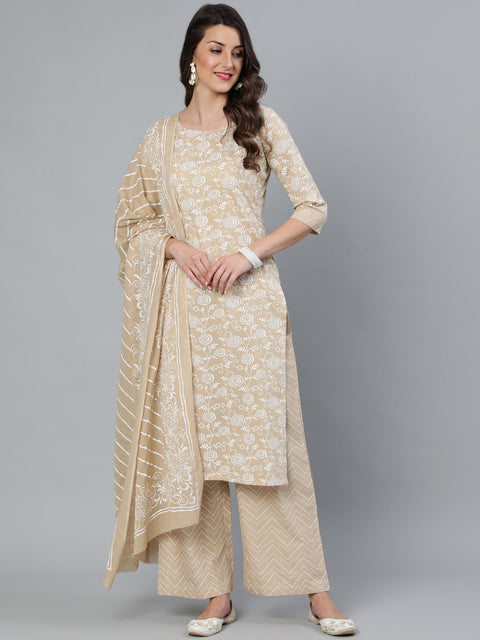 Women Beige Floral Printed Straight Kurta With Plazo & Dupatta