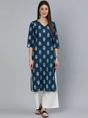 Women Teal Blue & Silver Printed Straight Kurta With Three Quarters Sleeves