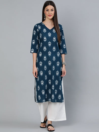 Women Teal Blue & Silver Printed Straight Kurta With Three Quarters Sleeves