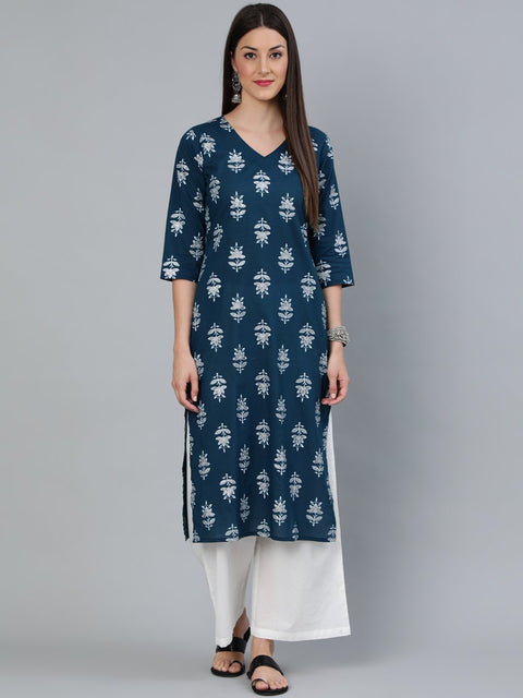Women Teal Blue & Silver Printed Straight Kurta With Three Quarters Sleeves