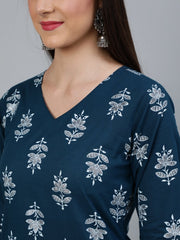 Women Teal Blue & Silver Printed Straight Kurta With Three Quarters Sleeves