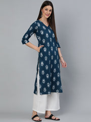 Women Teal Blue & Silver Printed Straight Kurta With Three Quarters Sleeves