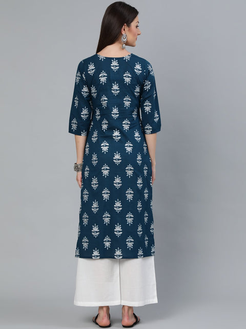 Women Teal Blue & Silver Printed Straight Kurta With Three Quarters Sleeves