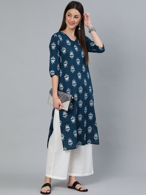 Women Teal Blue & Silver Printed Straight Kurta With Three Quarters Sleeves