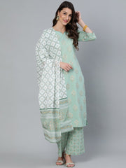 Women Sage Green & Gold Printed Straight Kurta With Plazo & Dupatta