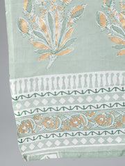 Women Sage Green & Gold Printed Straight Kurta With Plazo & Dupatta