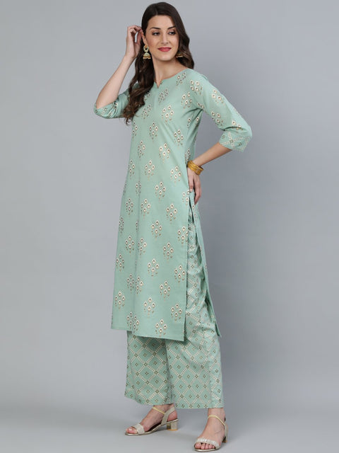 Women Sage Green & Gold Printed Straight Kurta With Plazo & Dupatta