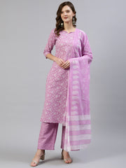 Women Lavender & Silver Floral Printed Straight Kurta With Plazo & Dupatta