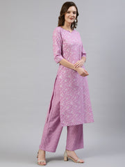 Women Lavender & Silver Floral Printed Straight Kurta With Plazo & Dupatta