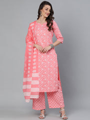 Women Peach & Silver Printed Straight Kurta With Plazzo  & Dupatta
