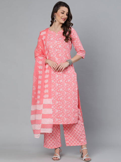 Women Peach & Silver Printed Straight Kurta With Plazzo  & Dupatta