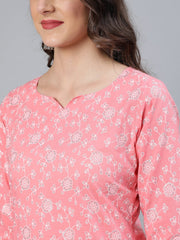 Women Peach & Silver Printed Straight Kurta With Plazzo  & Dupatta