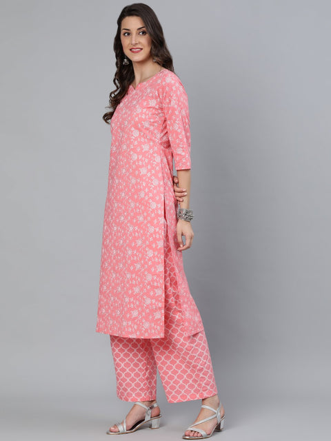 Women Peach & Silver Printed Straight Kurta With Plazzo  & Dupatta