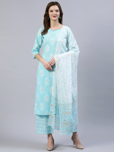Women Pastel Blue & Gold Printed Straight Kurta With Trouser  & Dupatta
