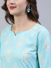 Women Pastel Blue & Gold Printed Straight Kurta With Trouser  & Dupatta
