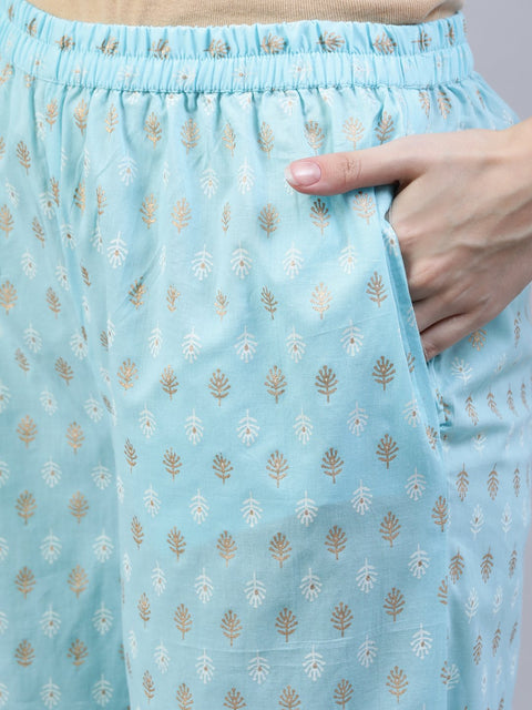 Women Pastel Blue & Gold Printed Straight Kurta With Trouser  & Dupatta