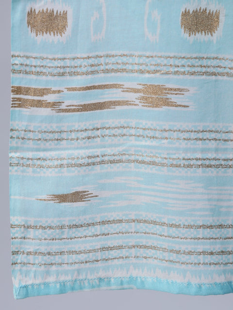 Women Pastel Blue & Gold Printed Straight Kurta With Trouser  & Dupatta
