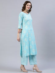 Women Pastel Blue & Gold Printed Straight Kurta With Trouser  & Dupatta