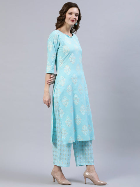 Women Pastel Blue & Gold Printed Straight Kurta With Trouser  & Dupatta
