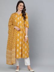 Women Mustard & Silver Printed Box Pleated Kurta With Trouser  & Dupatta