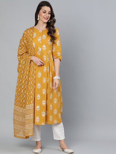 Women Mustard & Silver Printed Box Pleated Kurta With Trouser  & Dupatta