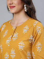 Women Mustard & Silver Printed Box Pleated Kurta With Trouser  & Dupatta