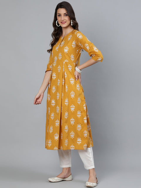 Women Mustard & Silver Printed Box Pleated Kurta With Trouser  & Dupatta