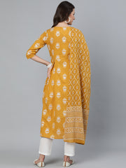 Women Mustard & Silver Printed Box Pleated Kurta With Trouser  & Dupatta