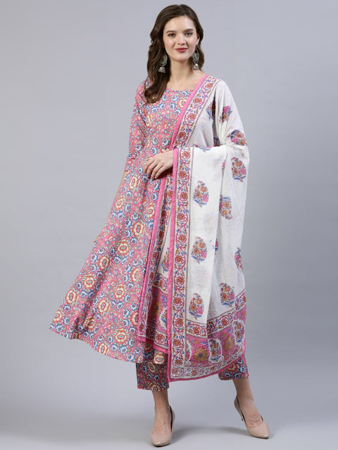 Women Pink Printed Flared Kurta With Trouser & Dupatta