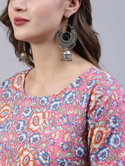 Women Pink Printed Flared Kurta With Trouser & Dupatta
