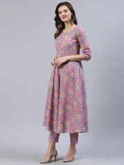 Women Pink Printed Flared Kurta With Trouser & Dupatta