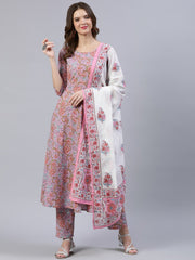 Women Pink Printed Flared Kurta With Trouser & Dupatta