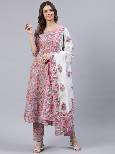 Women Pink Printed Flared Kurta With Trouser & Dupatta