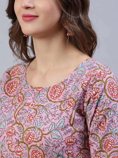 Women Pink Printed Flared Kurta With Trouser & Dupatta