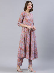 Women Pink Printed Flared Kurta With Trouser & Dupatta