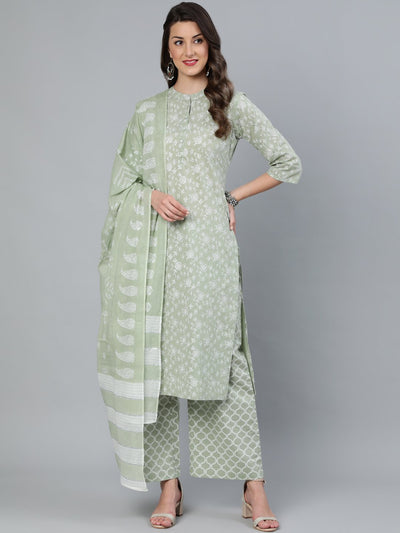 Women Sage Green & Silver Floral Printed Straight Kurta With Plazo & Dupatta