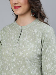 Women Sage Green & Silver Floral Printed Straight Kurta With Plazo & Dupatta
